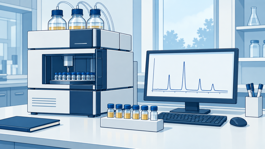 HPLC-Autosampler und Referenzvials neben einem Monitor mit einem illustrativen Chromatogramm ohne Zahlenwerte.