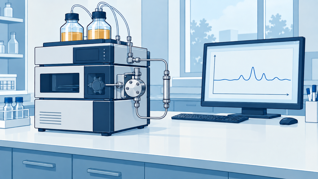Bomba HPLC con líneas fluídicas de acero conectadas junto a una pantalla con una evolución cualitativa de la presión.