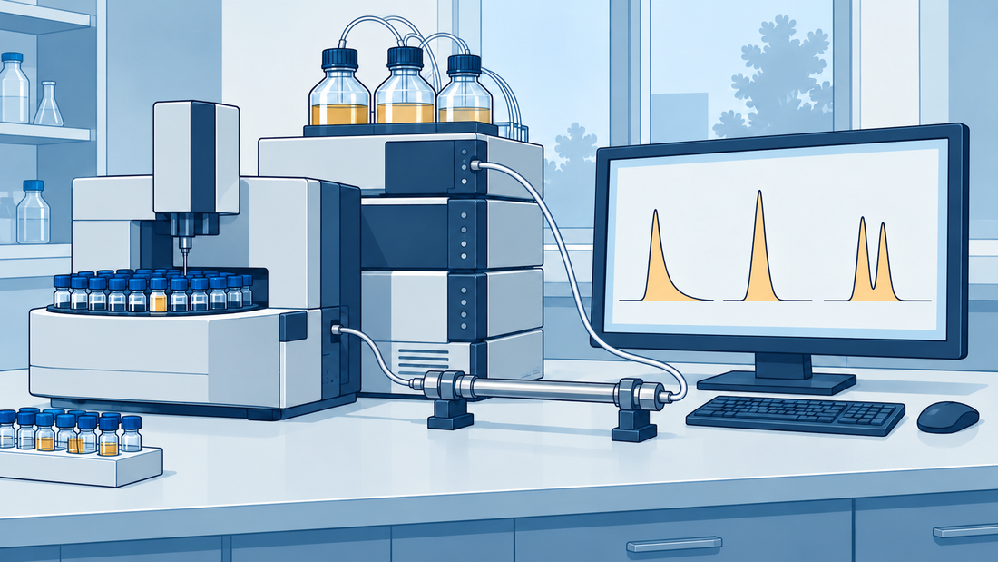HPLC-Autosampler und angeschlossene Säule neben einem Monitor mit drei qualitativen Peakformen.