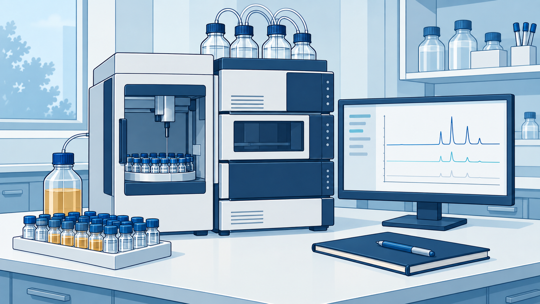 Stillstehender HPLC-Autosampler mit geparkter Nadel, geordneten Probenvials und qualitativen Sequenzkurven in einem sauberen Labor.