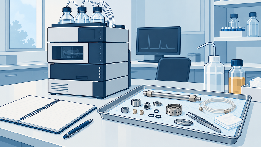 Saubere LC-Wartungsteile auf einer Ablage neben einem stillstehenden Chromatographen und einer unbeschrifteten Wartungsmappe.