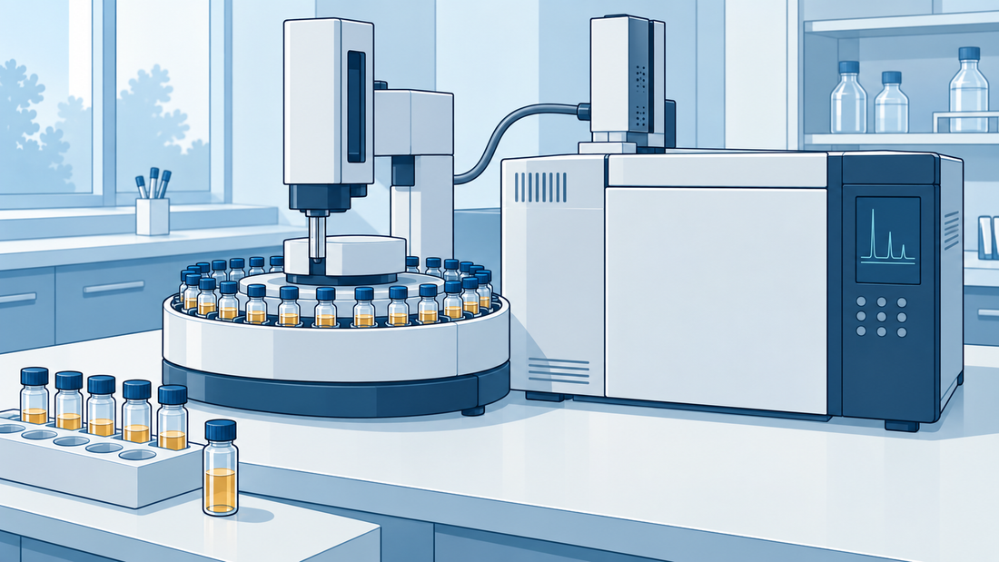 Verschlossene Headspace-Vials mit kleinen Flüssigkeitsmengen in einem Probengeber neben einem generischen Gaschromatographen.