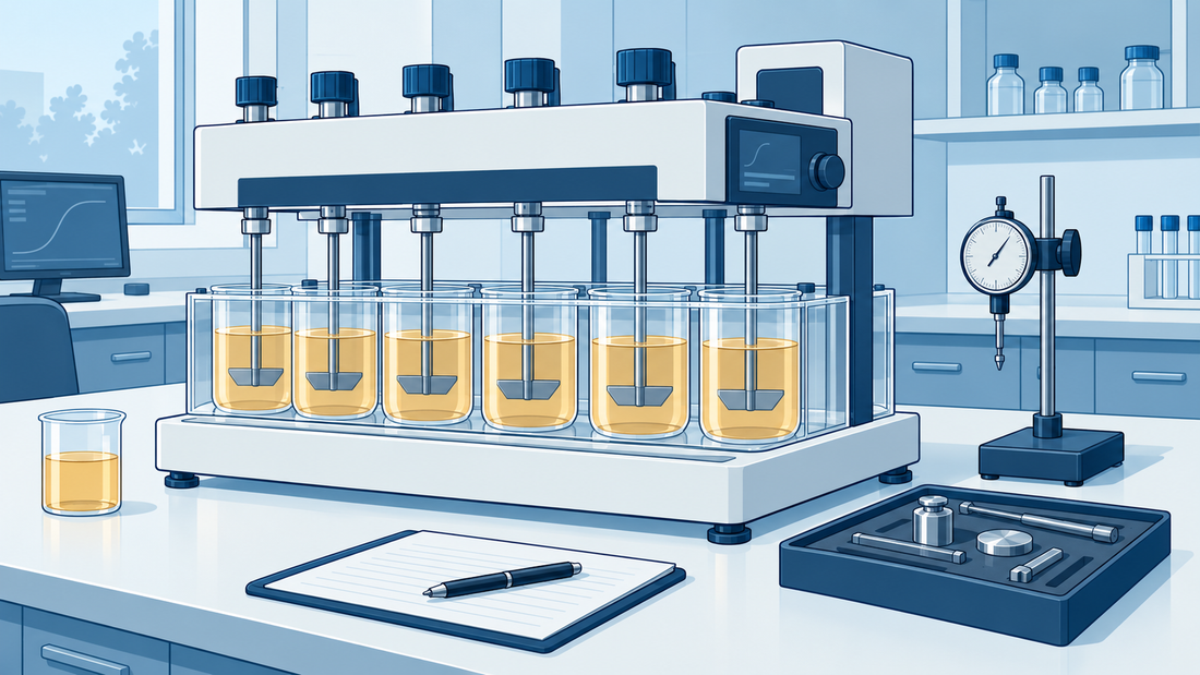 Generisches Dissolutionsgerät mit ausgerichteten Blattrührerwellen, Glasgefäßen im Wasserbad und separaten mechanischen Prüfmitteln.