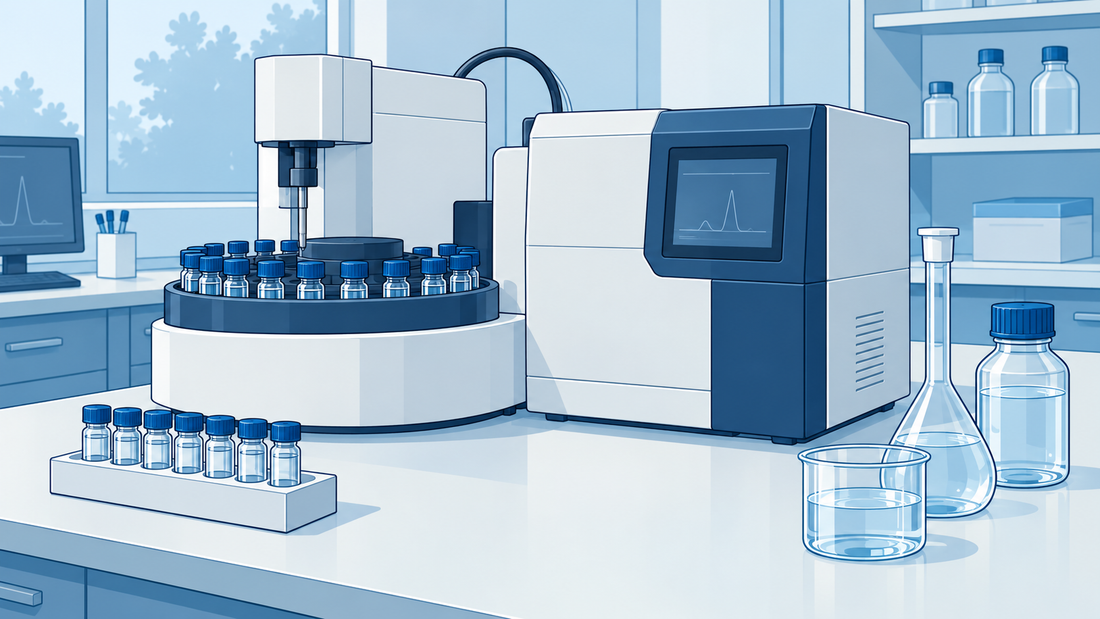 Weiß-blauer TOC-Laboranalysator mit angeschlossenem Autosampler, einem Gestell geschlossener Referenzgefäße und separaten Glasgefäßen mit klarem Wasser.