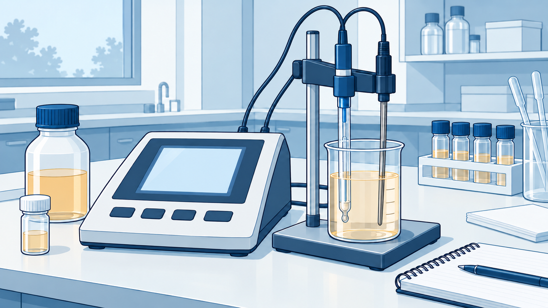 Labor-pH-Meter mit Glaselektrode und Temperaturfühler in einer klaren Probe.