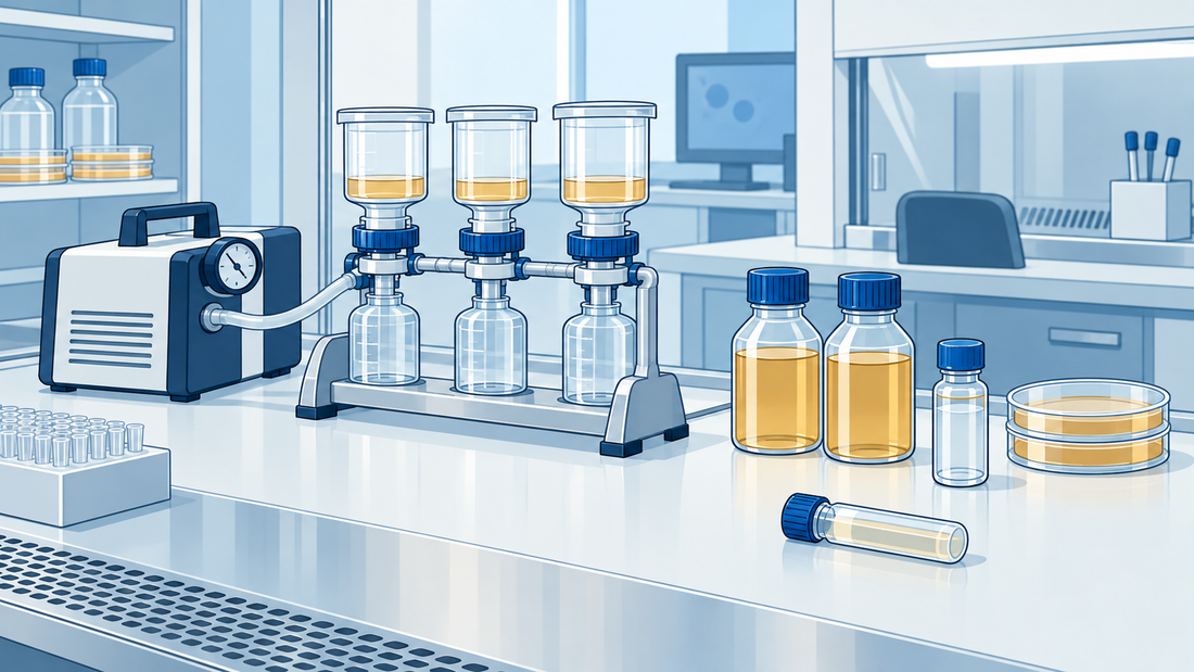 Generische Membranfiltrationsanlage neben geschlossenen Nährmedienflaschen und einer versiegelten Probe auf einem mikrobiologischen Labortisch.