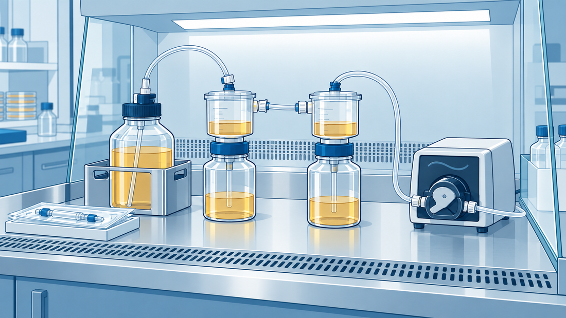 Generisches geschlossenes Filtrationssystem mit zwei Membranbehältern, Schläuchen, Pumpe und verpacktem Verbinder auf einer geschützten Werkbank.