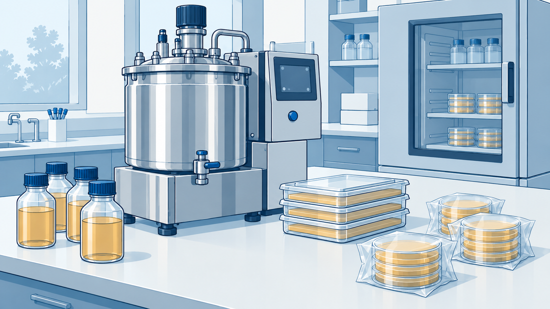 Préparateur de milieux en acier à côté de flacons fermés, de plateaux couverts et de boîtes emballées dans un laboratoire pharmaceutique.