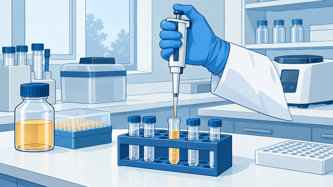 Eine blau behandschuhte Hand hält eine Mikropipette senkrecht; die Spitze befindet sich nahe der Flüssigkeitsoberfläche in einem Röhrchen im Ständer.