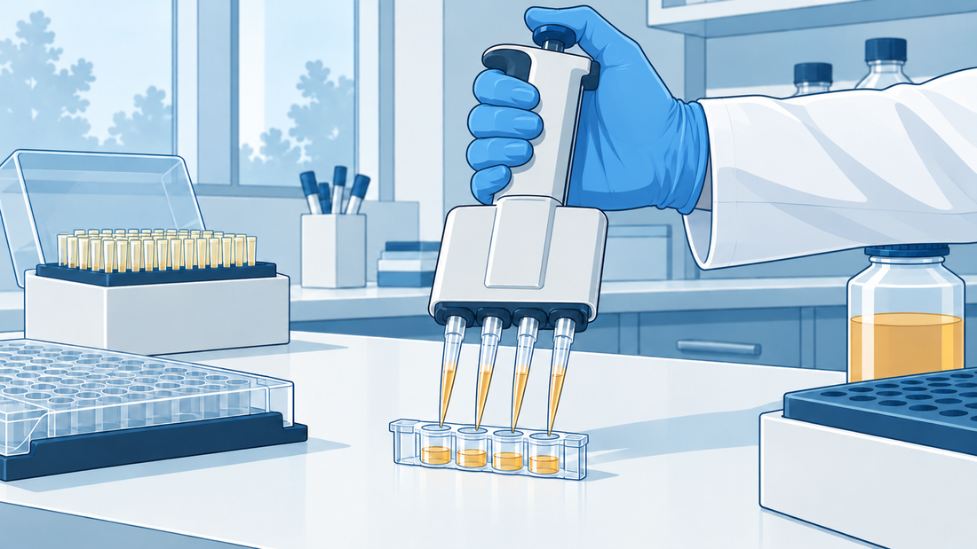 Mehrkanalpipette mit vier Spitzen, die auf die zugehörigen Vertiefungen eines Mikrotiterplattenstreifens ausgerichtet sind.