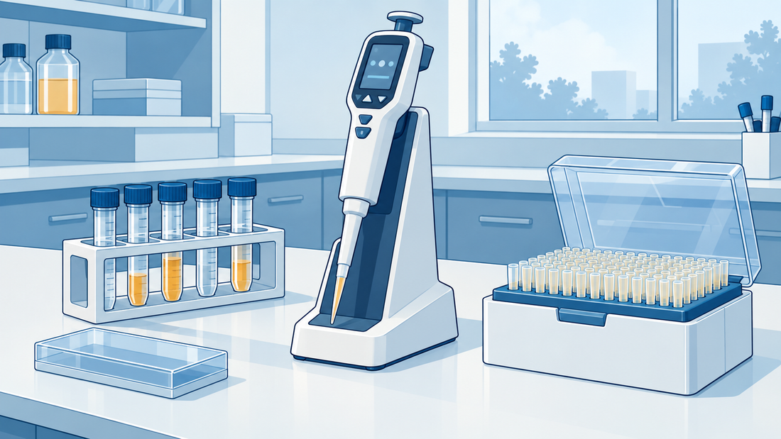 Elektronische Pipette im Ständer neben Probenröhrchen und einer Pipettenspitzenbox im Labor.