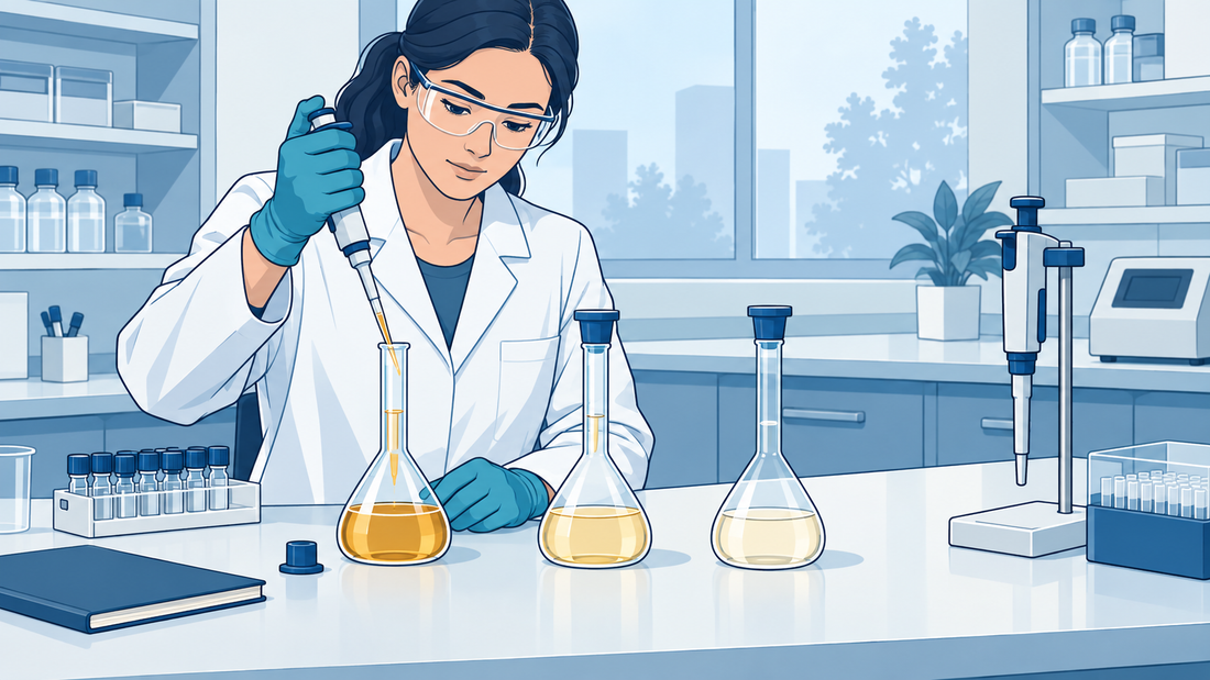 Drei verschlossene Messkolben mit klaren Lösungen und eine Pipette auf einer Halterung in einem aufgeräumten Labor.