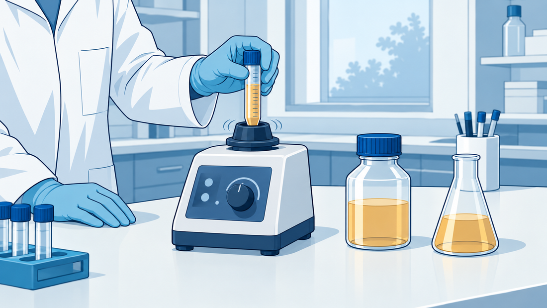 Benchtop vortex mixer with a closed tube secured in its holder, beside two differently shaped sample vessels.