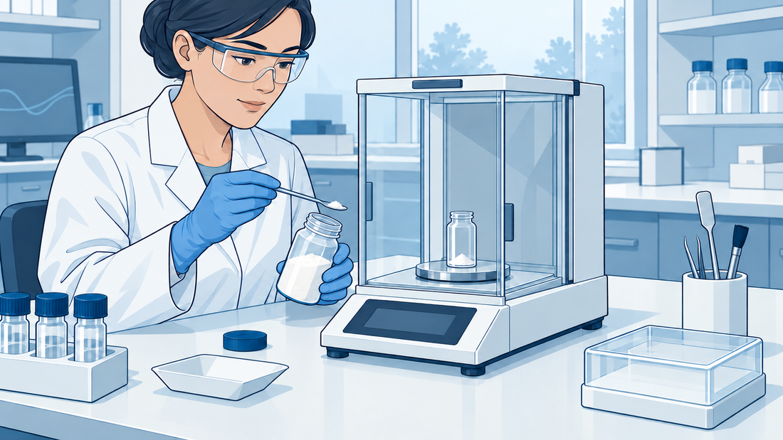 Analysenwaage mit geschlossenem Windschutz und Fläschchen auf der Waagschale neben Glasgeräten für den Probentransfer.