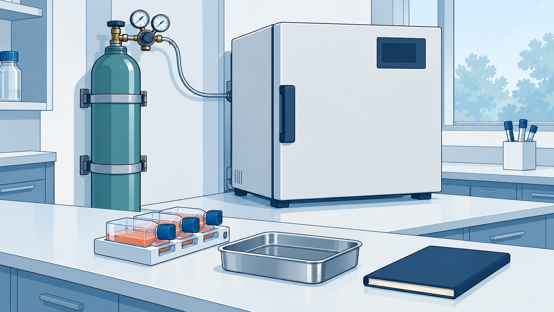 CO₂ incubator connected to a wall-secured gas cylinder, with closed containers and an accessory water tray on the bench.