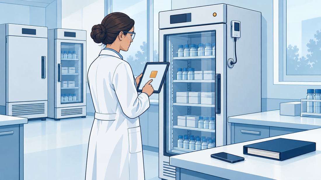 Technische Comicillustration einer Mitarbeiterin, die die Übernahme eines Alarms neben einem geschlossenen Laborkühlschrank mit unabhängigem Sensor und Tablet prüft.