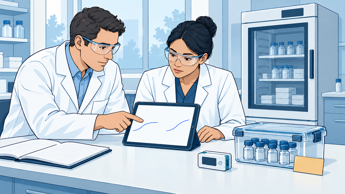 Technical comic illustration of two professionals assessing a gap in temperature records beside closed samples and a laboratory chamber.