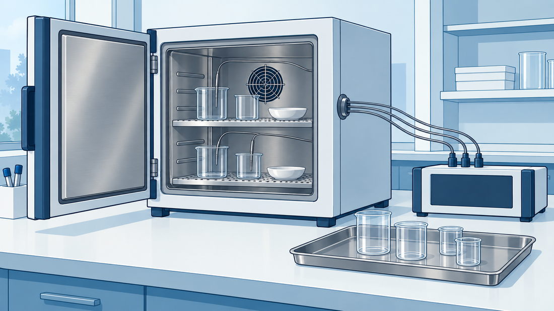 Illustration technique d’une étuve de laboratoire en préparation à froid, avec verrerie espacée, étagères perforées et sondes reliées à un enregistreur externe.