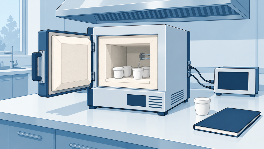 Illustration technique d’un four à moufle froid avec chambre réfractaire, creusets en céramique espacés et sondes reliées à un enregistreur externe.