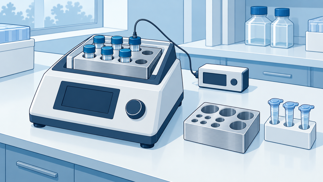 Technische Comicillustration eines stillstehenden Thermomixers mit Röhrchen im Block, Fühler in einem repräsentativen Röhrchen, Ersatzblock und externem Rekorder.