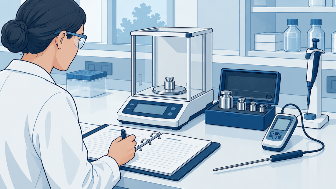 Analysenwaage, Pipette und Thermometer mit Sonde auf einem Metrologiearbeitsplatz neben Referenzgewichten und einem Ordner.