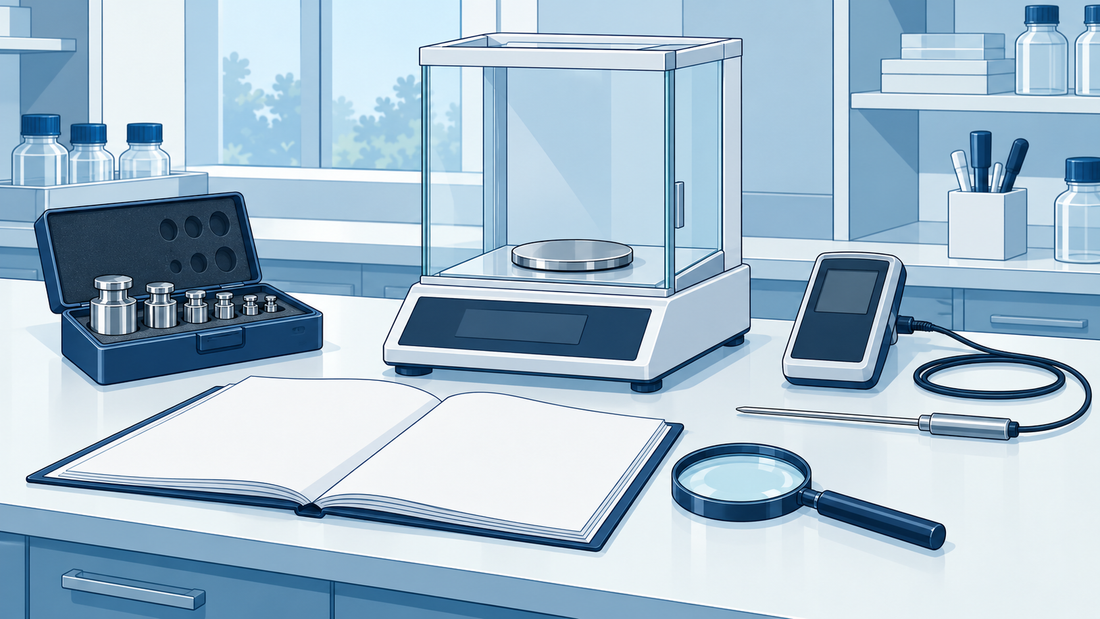 Technical illustration of a balance with reference weights and an open dossier for reviewing calibration evidence.