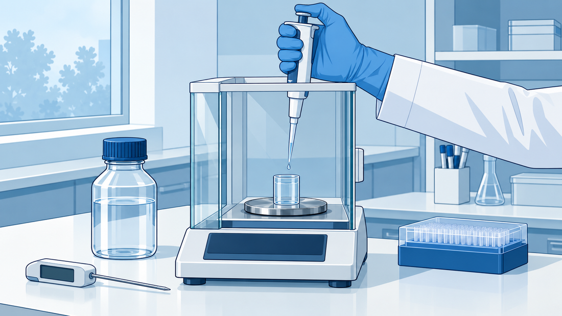 Technische Illustration einer Pipette über einem Gefäß auf einer Waage, mit Wasser, Thermometer und Pipettenspitzen.