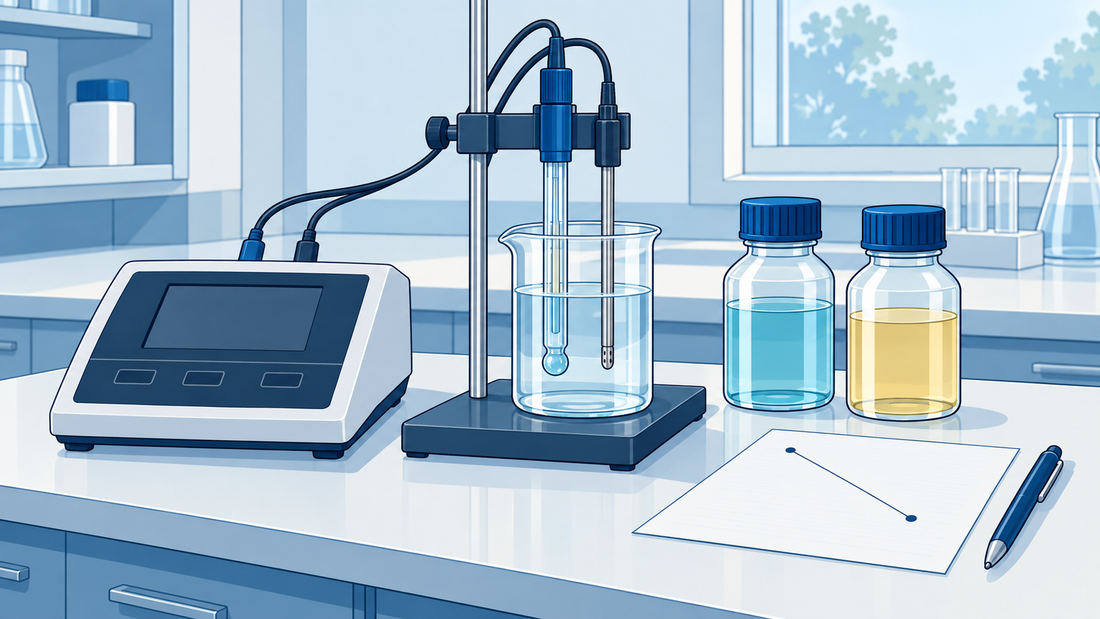 Technische Illustration eines pH-Meters mit Glaskugelelektrode, Temperaturfühler, Puffern und Prüfprotokoll.