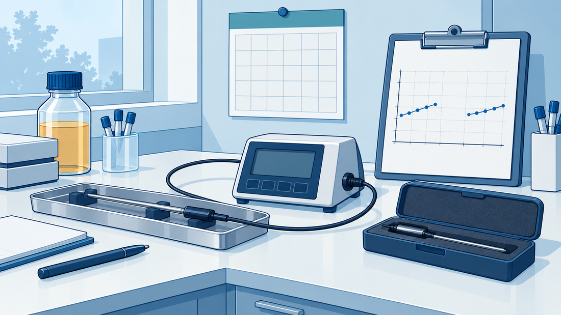Illustration technique d’un thermomètre de laboratoire, de relevés de tendance et d’un calendrier sans texte.