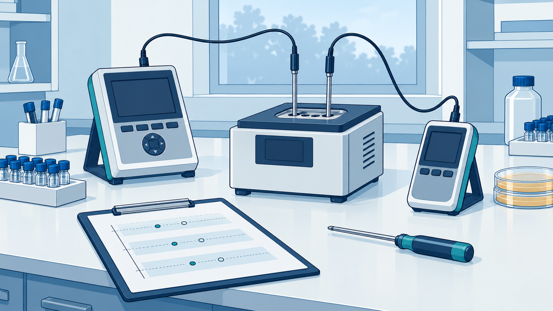 Technische Illustration eines Thermometers mit Sonde, Vergleichsnormal, Einstellregler und Prüfaufzeichnung auf einem Labortisch.