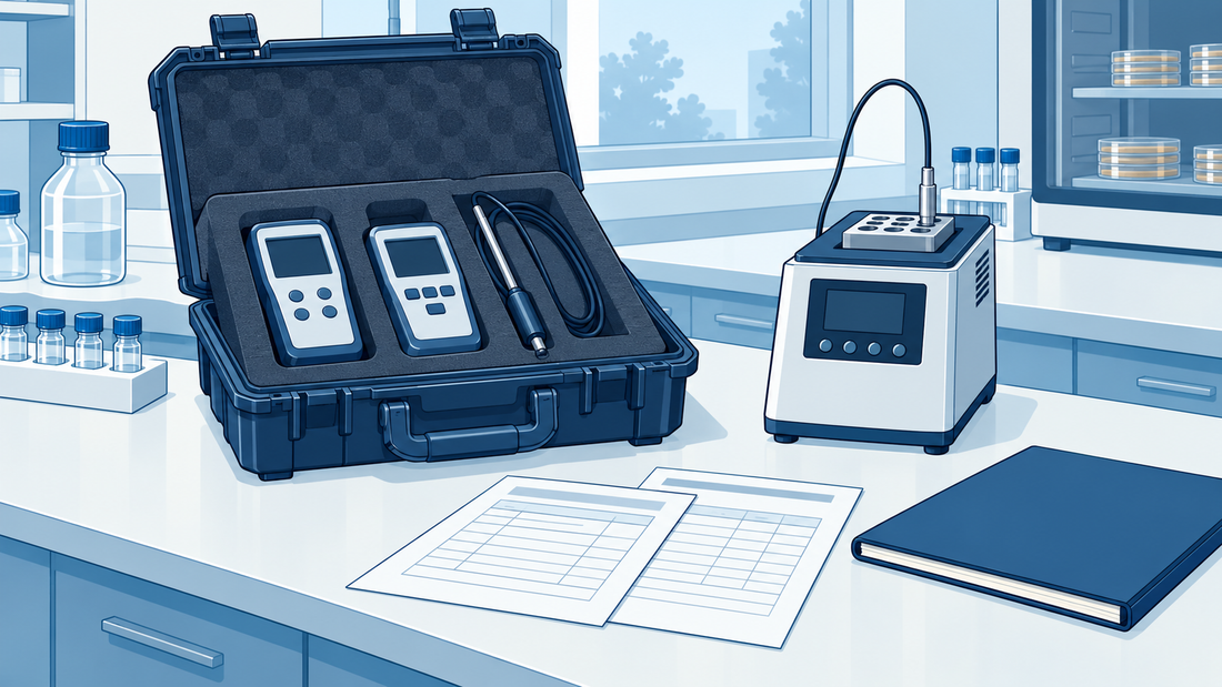 Technical illustration of a case containing reference instruments, a probe and documents reviewed before a laboratory calibration.