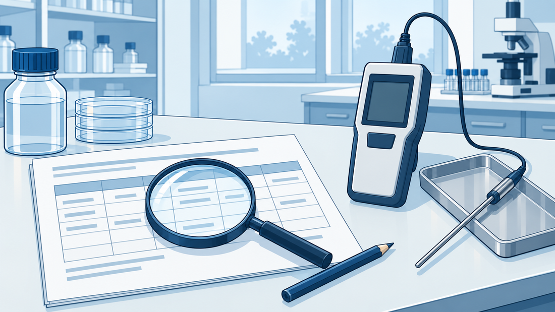 Technische Illustration einer Ergebnistabelle ohne Text, einer Lupe und eines Laborthermometers mit Sonde.
