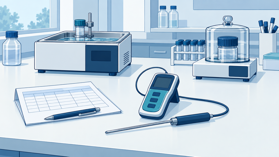 Ilustración técnica de un instrumento de medida con sonda, documentos de evaluación y dos puestos de laboratorio con necesidades diferentes.