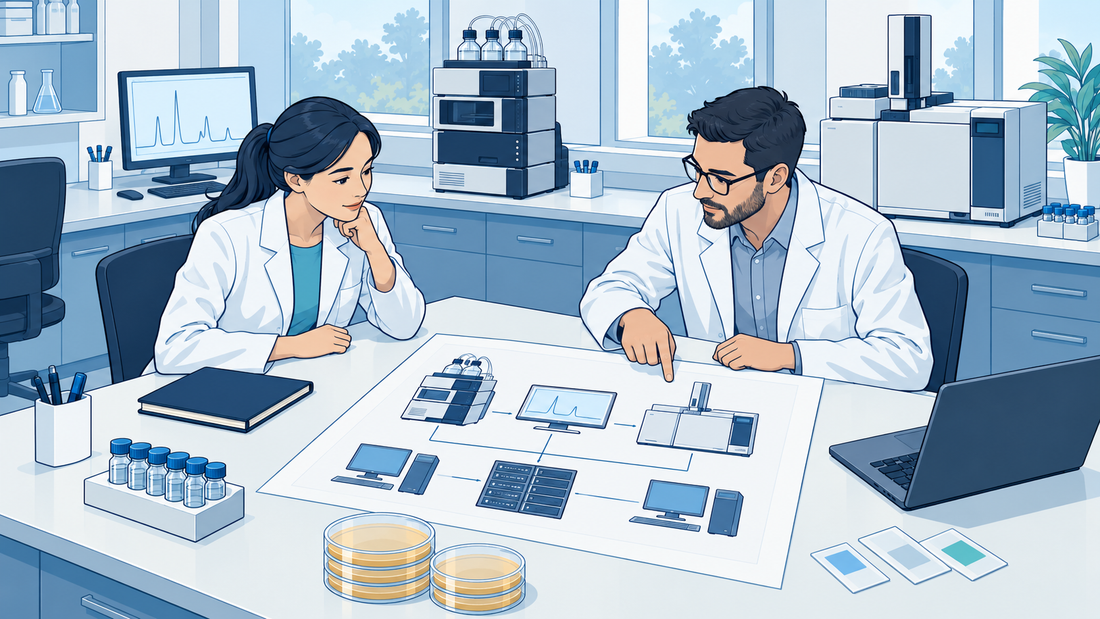 Technische Illustration zweier Fachleute, die am Tisch eine CDS-Architektur mit Chromatografen und vernetzten Laborarbeitsplätzen bewerten.