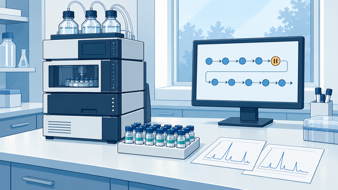 Technische Illustration eines HPLC-Vialgestells und Monitors mit einer abgebrochenen Sequenz, ihrer verknüpften Wiederaufnahme und erhaltenen Aufzeichnungen.