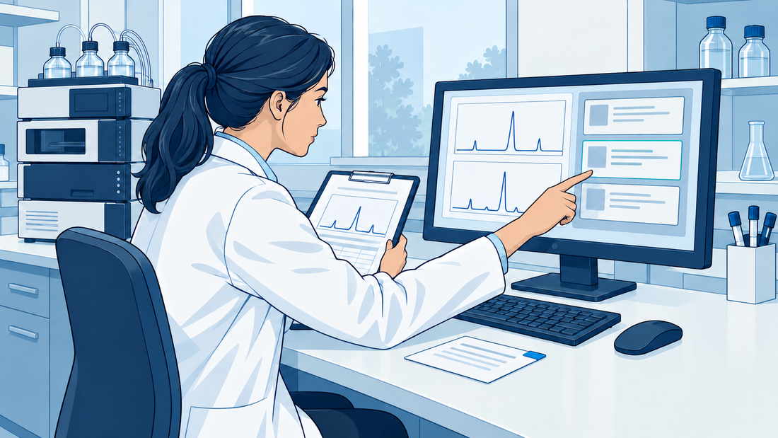 Technical illustration of a reviewer comparing a laboratory report with digital history on a monitor, with an intermediate record to reconnect to the package.