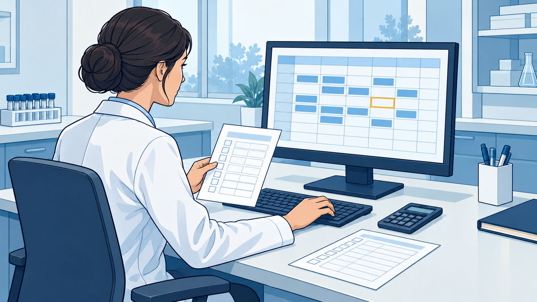 Technische Illustration einer Fachkraft, die eine Tabelle am Monitor mit einem Testblatt abgleicht; eine leere Zelle ist hervorgehoben.