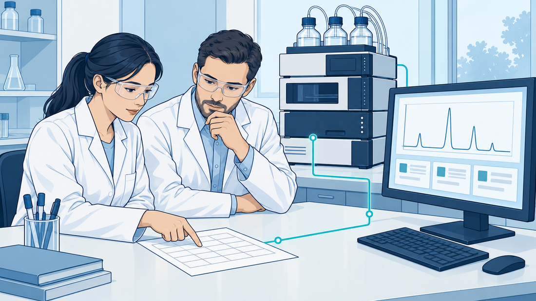 Illustration technique de deux professionnels reliant les enregistrements papier et numériques au processus du laboratoire.