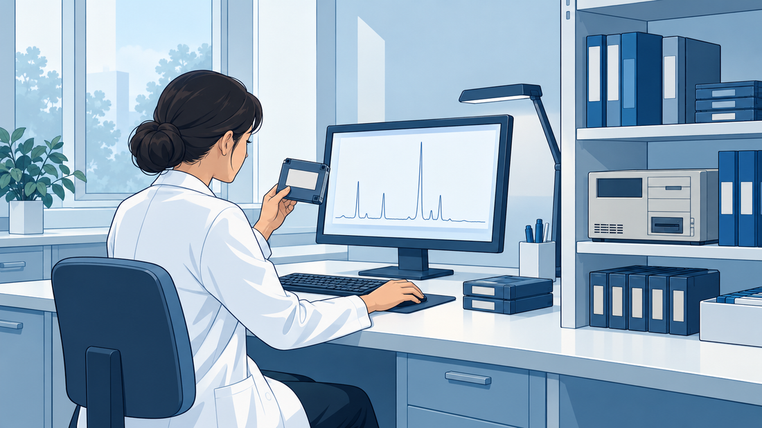Technische Illustration einer Spezialistin, die archivierte Labordaten an einem eigenen Arbeitsplatz neben geordneten Medien und Akten liest.