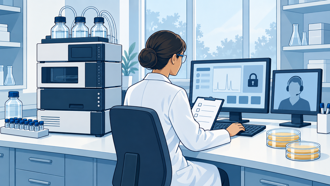 Technische Illustration einer Laborspezialistin, die die Fernwartung eines Geräts an einem kontrollierten Arbeitsplatz beaufsichtigt.