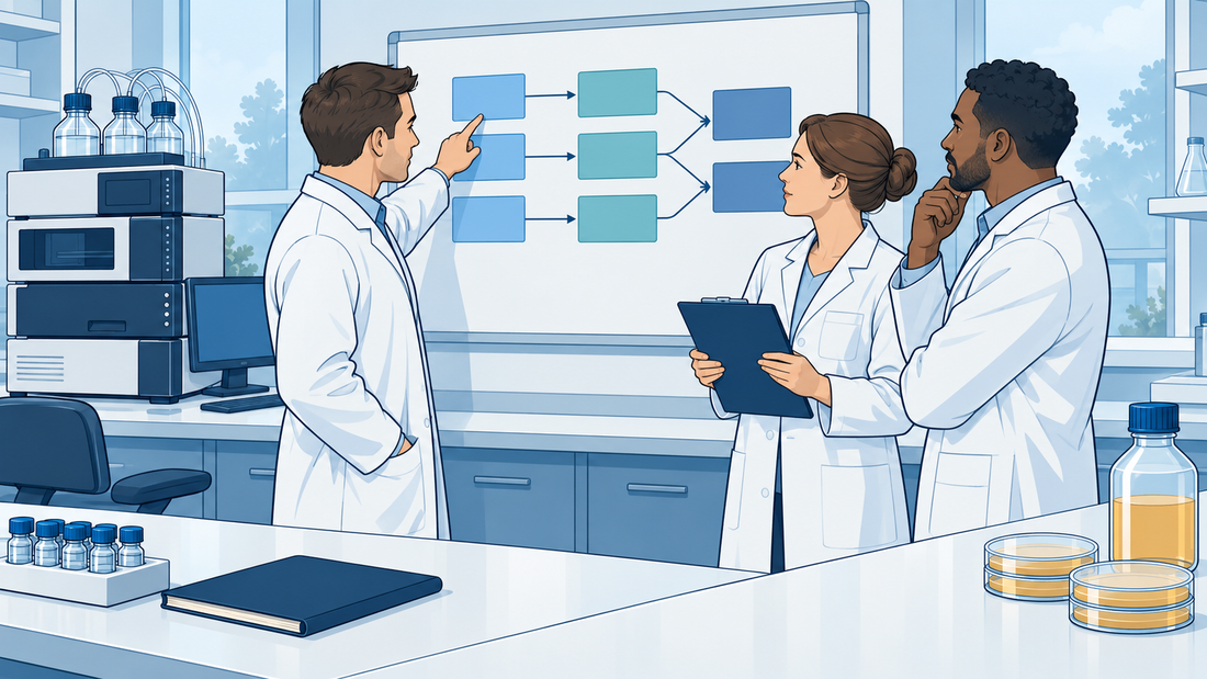 Technische Illustration eines Laborteams, das Projektphasen und Abhängigkeiten einer Digitalisierung auf einer Tafel ordnet.