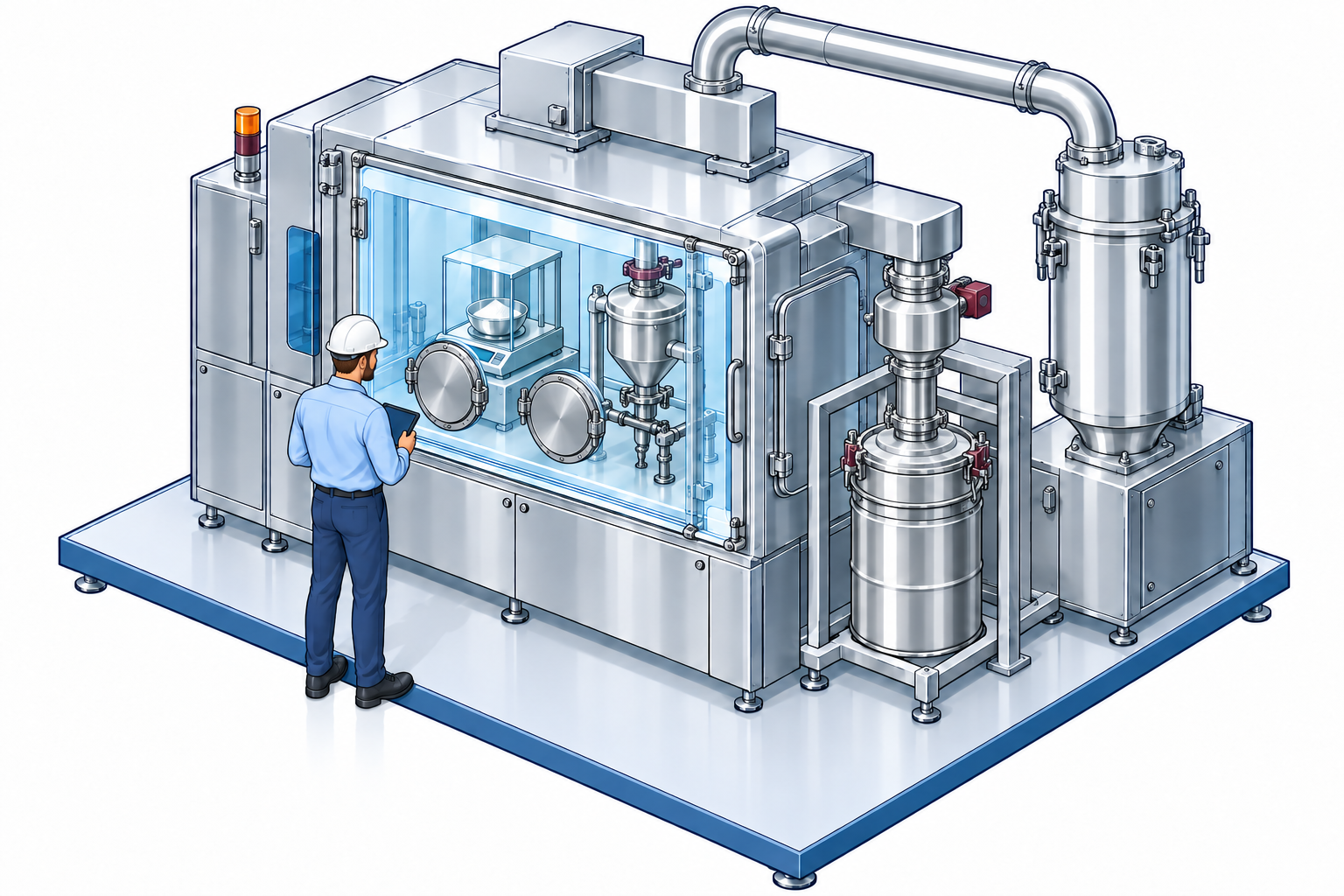 Pharmaceutical containment isolator with sealed transfer drum and connected exhaust system