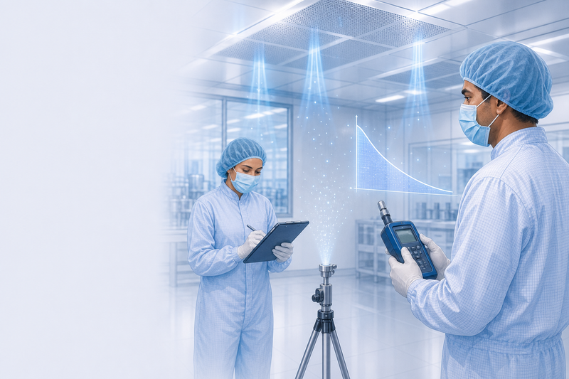 Validation engineer reviewing time-stamped cleanroom particle recovery test data