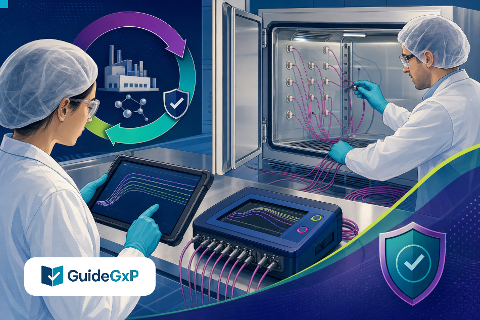 Illustrazione editoriale GuideGxP 2D a colori sul tema GMP: EU-PIC/S GMP Annex 15 revision: what the corrigendum means for validation and API manufacturers.