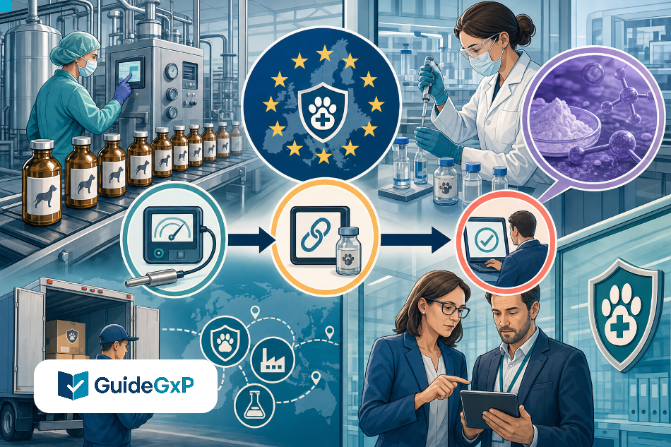 Ilustracion editorial 2D de GuideGxP sobre el tema GMP: EU veterinary GMP rules are now directly applicable: what QA, QPs and API supply chains need to do.