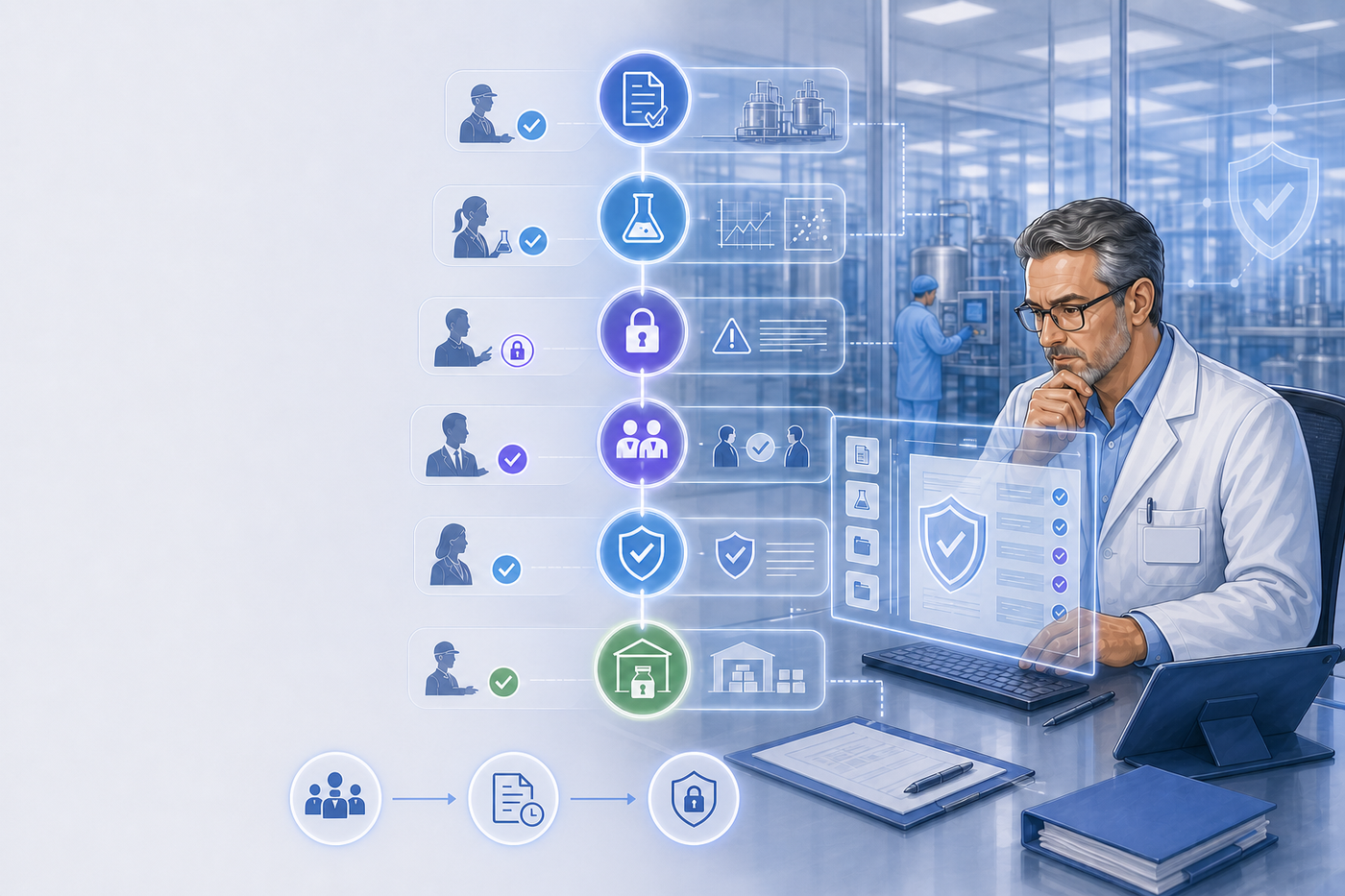 Digital pharmaceutical batch release workflow showing controlled quality, QP certification and ERP stock disposition states