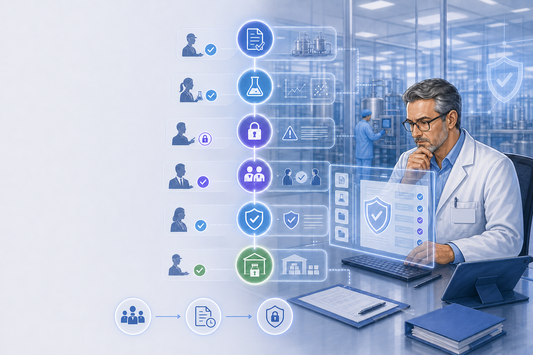Digital pharmaceutical batch release workflow showing controlled quality, QP certification and ERP stock disposition states