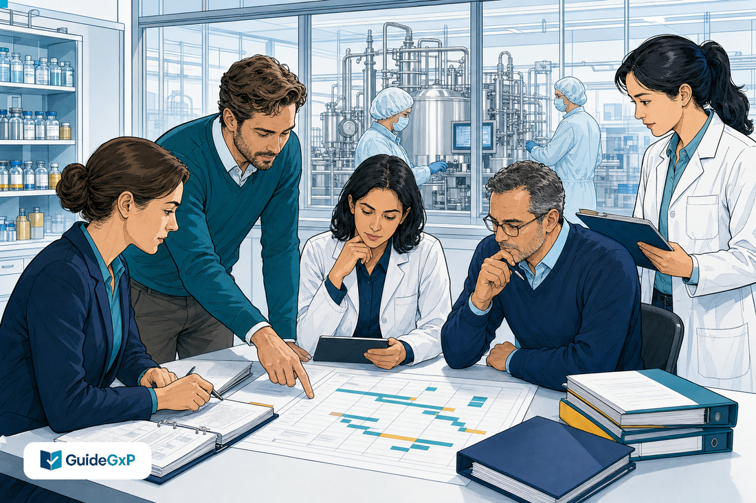 Ilustración editorial de GuideGxP con especialistas de calidad, asuntos regulatorios y operaciones revisando la transición a las nuevas normas GMP veterinarias de la UE.