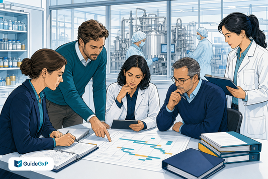 Ilustración editorial de GuideGxP con especialistas de calidad, asuntos regulatorios y operaciones revisando la transición a las nuevas normas GMP veterinarias de la UE.