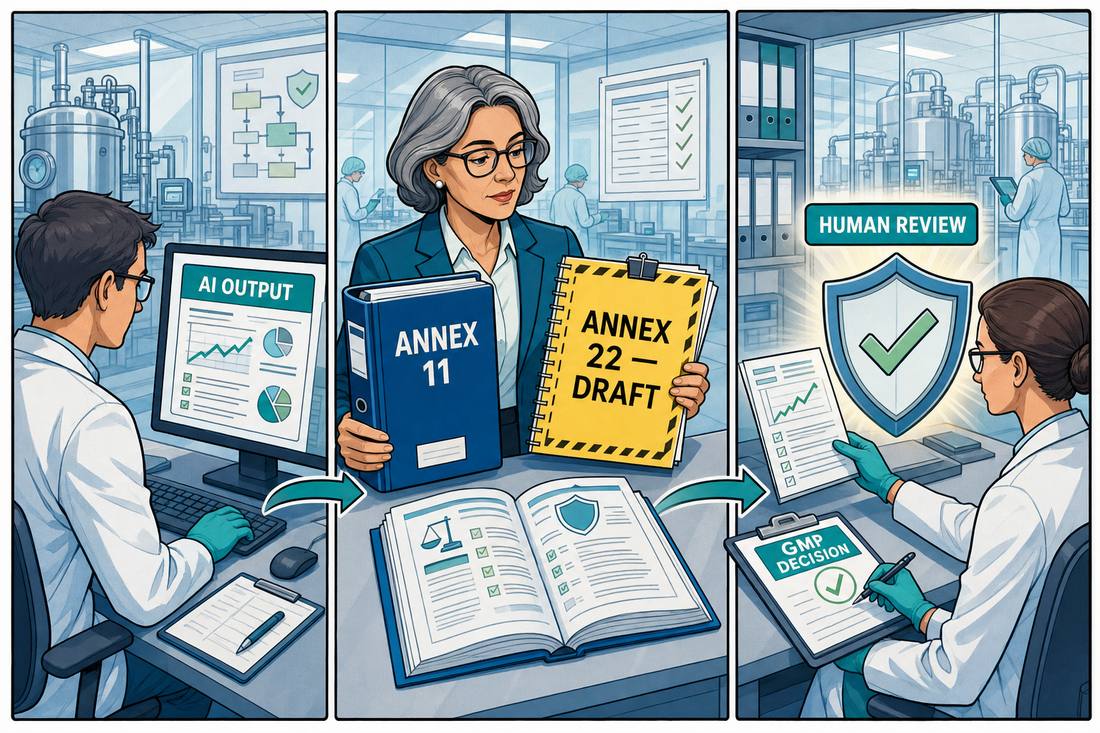 GuideGxP comic showing an AI output reviewed against current Annex 11 and draft Annex 22 before an accountable GMP decision.